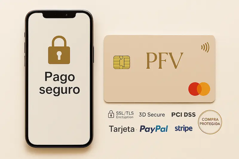 Pago seguro en Pelo Fallera Valencia: tarjeta (Stripe) y PayPal con conexión cifrada.