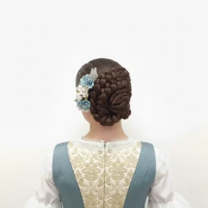 Tocado de flores para peinado de alicantina colocado junto al moño con acabado tradicional