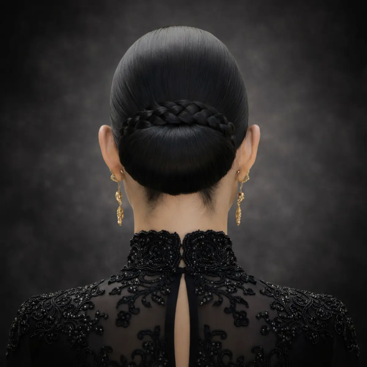 moño alicantina con acabado elegante pulido y trenza definida