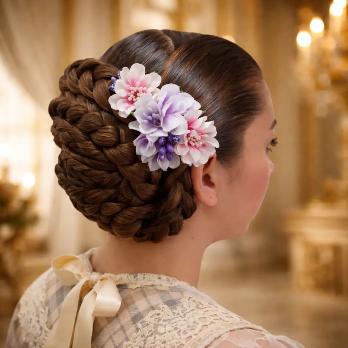 moño alicantina siglo XVIII peinado tradicional con flores vista lateral elegante