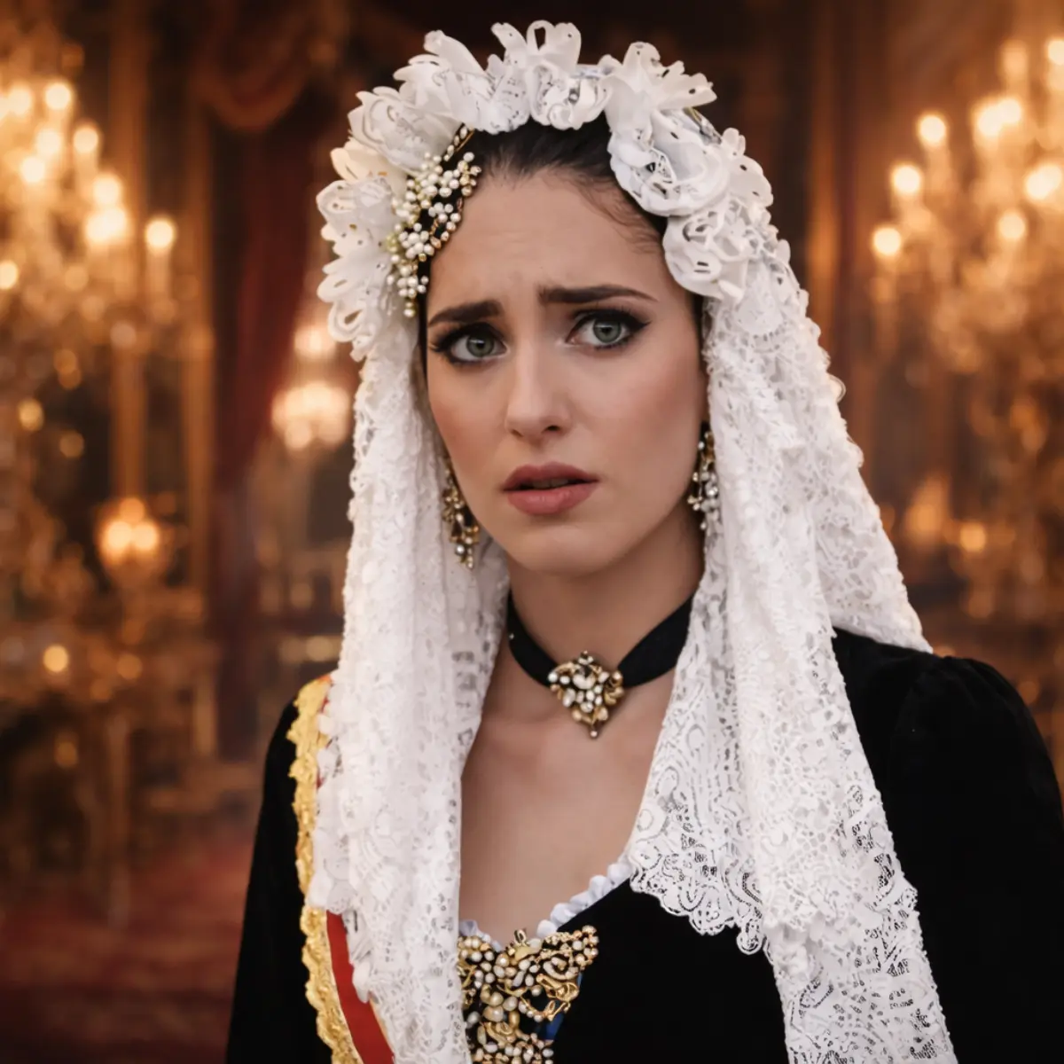alicantina con mantilla y expresión de duda al elegir mal el moño alicantina